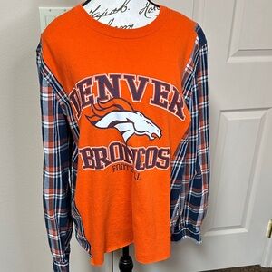 Upcycled Denver Broncos Orange Plaid Long Sleeve Shirt